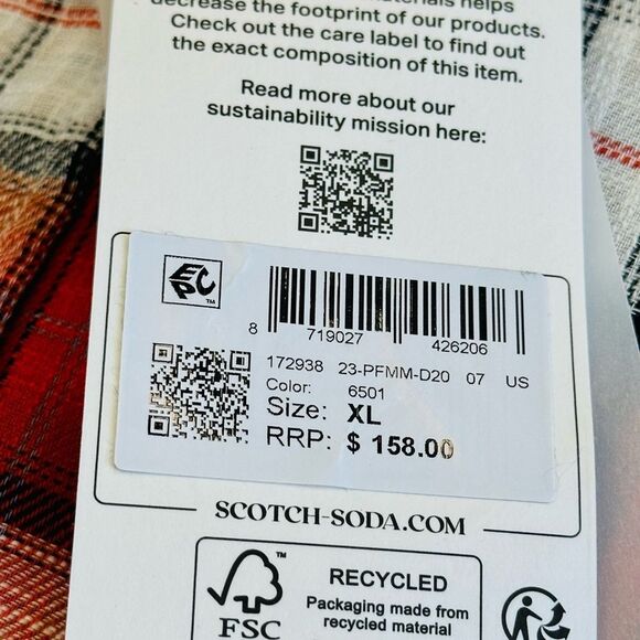 NWT Scotch & Soda Men’s Flannel Check Shirt With Sleeve Roll Up (Various Sizes) - Picture 7 of 10